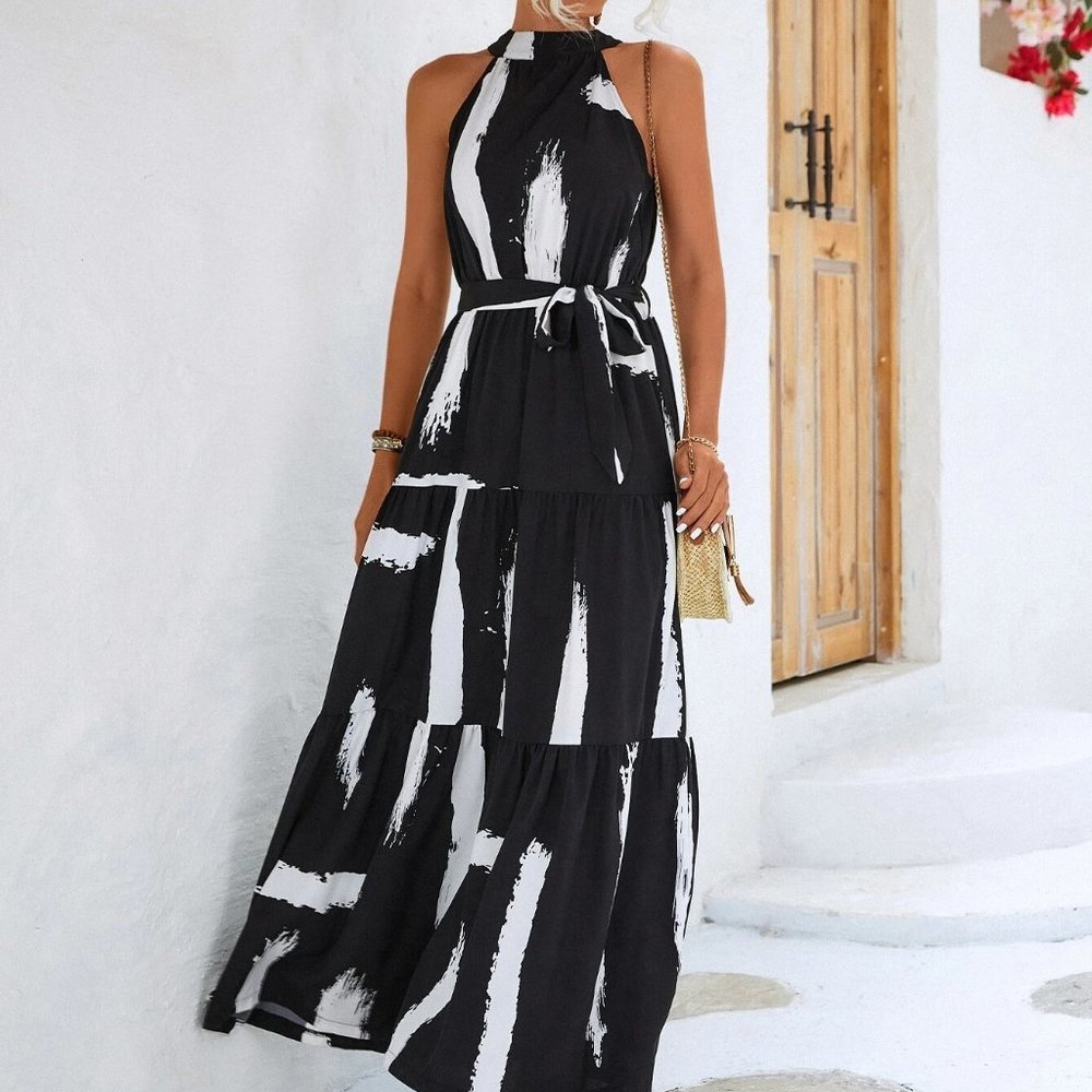 Black Preppy Womens Brush Print Ruffle Hem Belted Halter maxi Dress - Picture 5 of 6